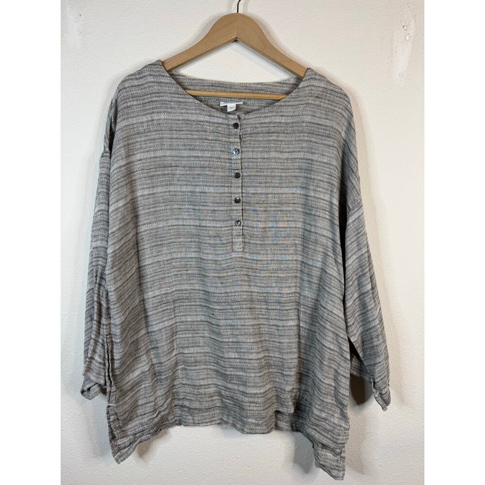 J. Jill Tunic Top 100% Linen Large 3/4 Sleeve Gray Striped Blouse Lagenlook Boho